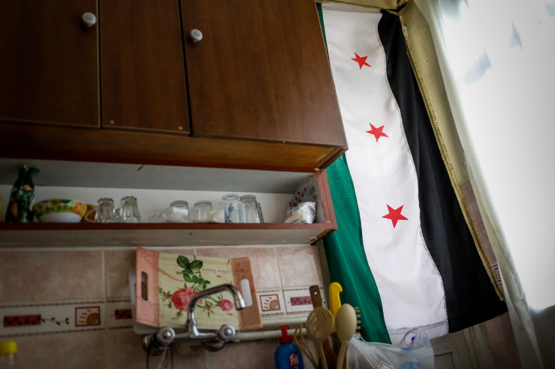 A Syrian Flag Is Hanging With A Kitchen Door. May 23rd, 2014. Istanbul, Turkey.